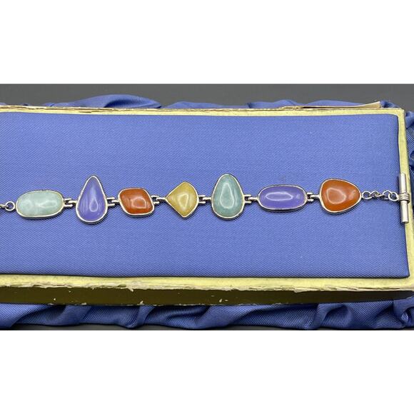 Sterling Silver Bracelet Jade Multi Color Green Purple Lavender Toggle HN China - Picture 5 of 9